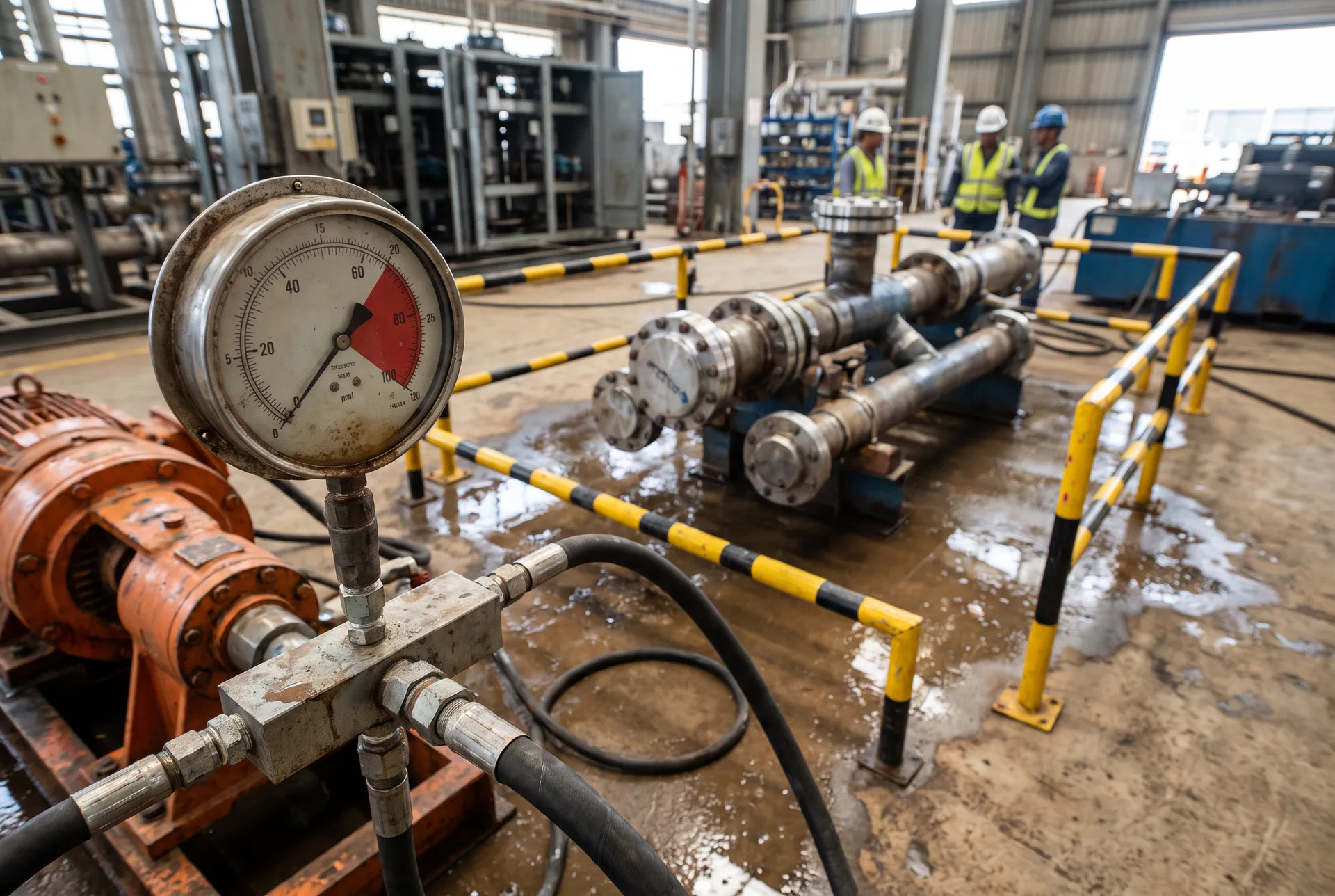 Essai hydrostatique générique sur un tronçon de tuyauterie industrielle : manomètre, pompe d’essai et périmètre de sécurité, sans client ni installation identifiable.