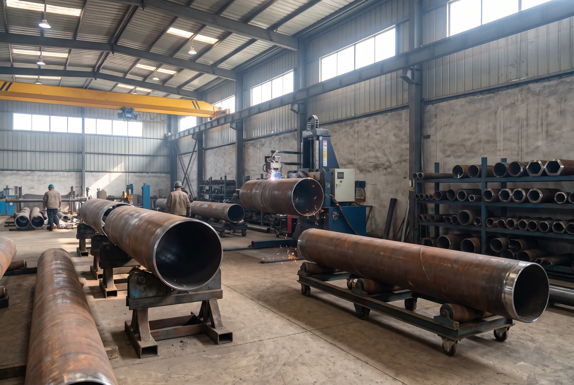 Atelier générique de fabrication de tuyauterie industrielle : tronçons d’acier sur supports à rouleaux, poste de soudage et rack de tubes, sans client ni installation identifiable.