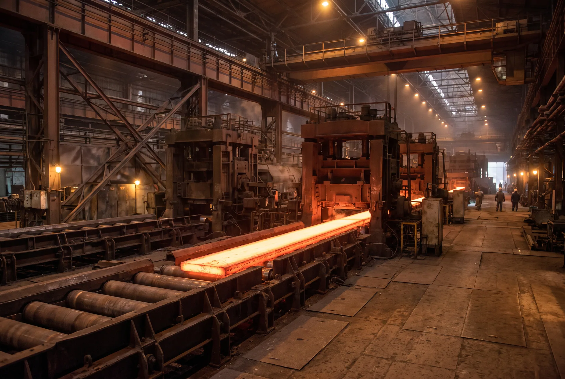Scène générique de laminage à chaud dans une aciérie : brame d’acier incandescente sur un train de rouleaux sous des cages de laminoir, sans client ni installation identifiable.