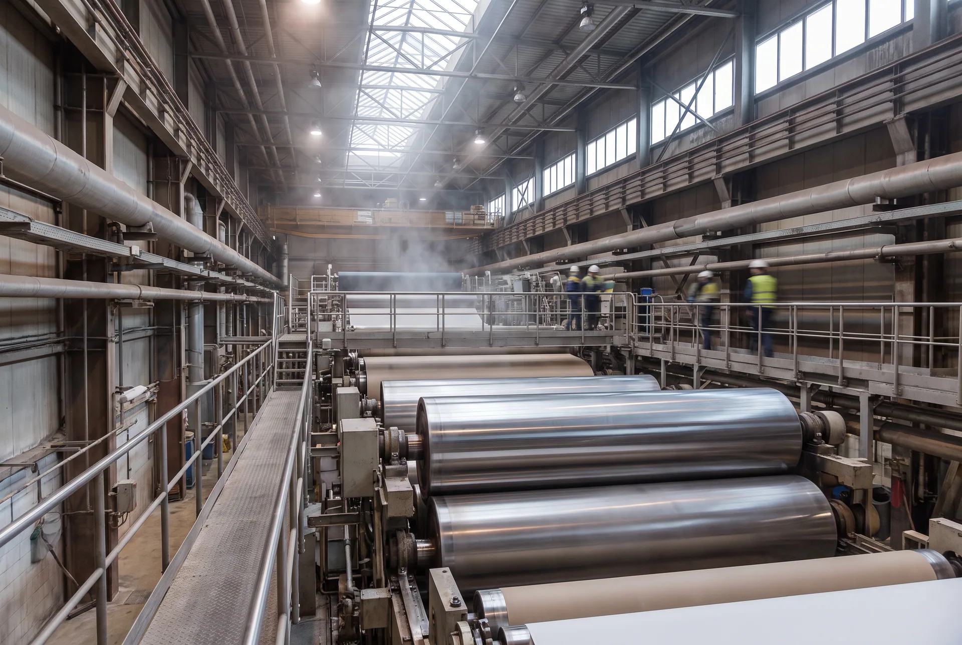 Scène générique de mécanique industrielle dans une usine de pâtes et papiers, sans client ni installation identifiable.
