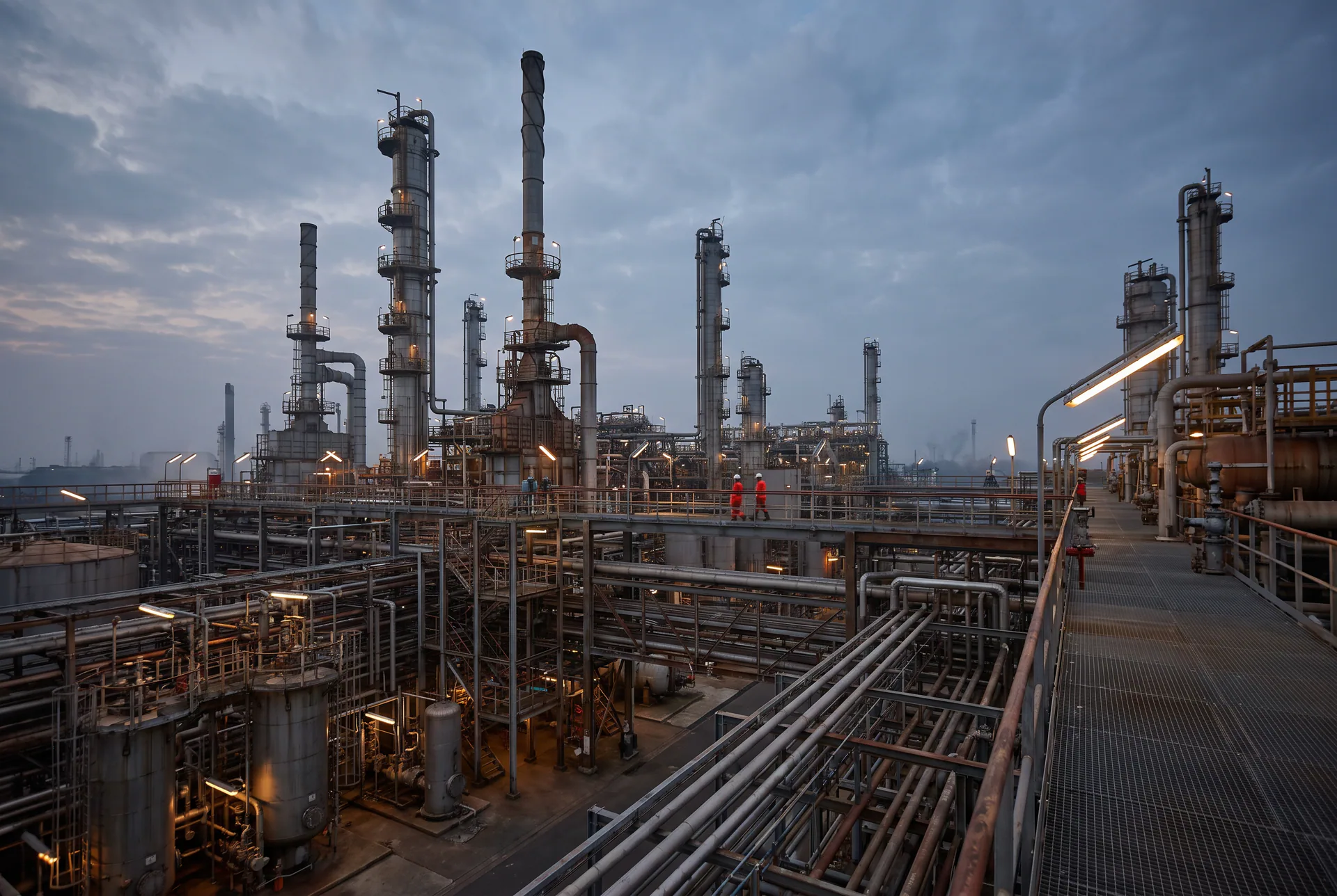 Scène générique de mécanique industrielle en pétrochimie, sans client ni installation identifiable.