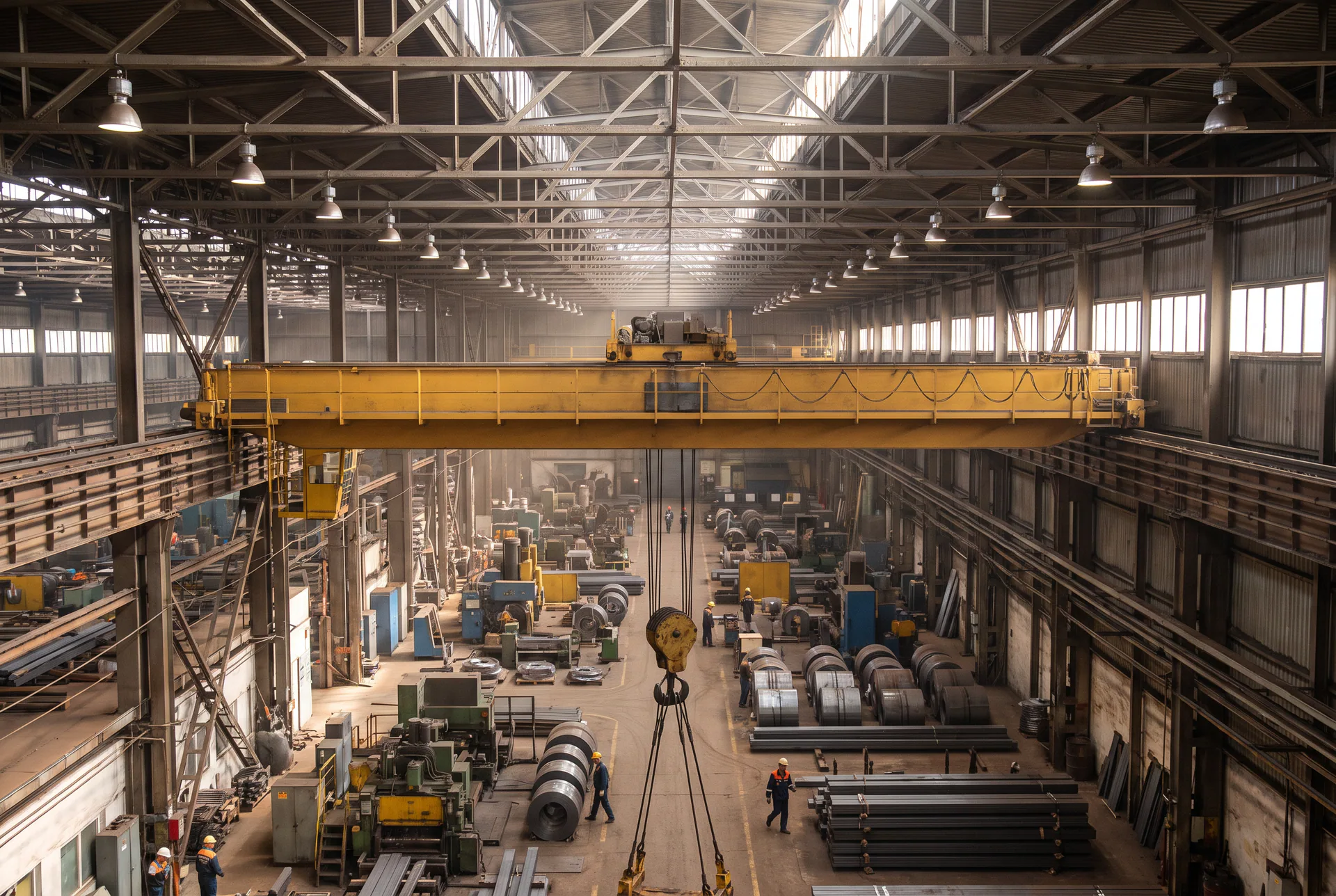 Pont roulant industriel générique à double poutre circulant sur ses rails au-dessus d’un hall de production, sans client ni installation identifiable.